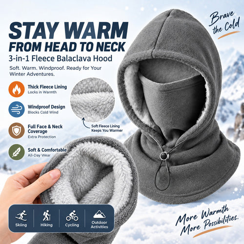 3-in-1 Fleece Balaclava Hood – Windproof Full Face Cover, Neck Gaiter & Winter Ski Mask