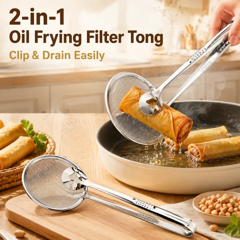 2-in-1 Stainless Steel Frying Filter Tongs – Clip, Drain & Serve Easily