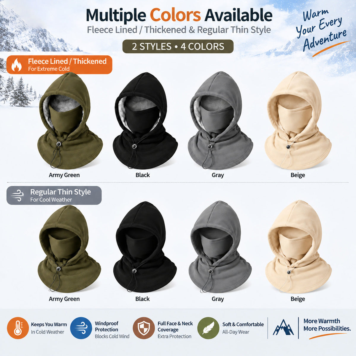 3-in-1 Fleece Balaclava Hood – Windproof Full Face Cover, Neck Gaiter & Winter Ski Mask