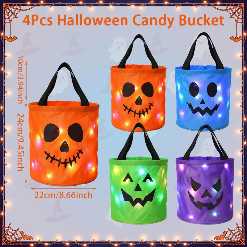 🎃 Halloween LED Candy Bucket Bags – 4 Pack Pumpkin Trick or Treat Bags with Glow Lights for Kids, Parties & Halloween Decorations