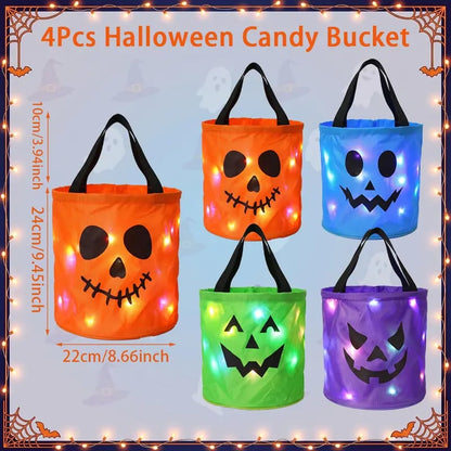 🎃 Halloween LED Candy Bucket Bags – 4 Pack Pumpkin Trick or Treat Bags with Glow Lights for Kids, Parties & Halloween Decorations