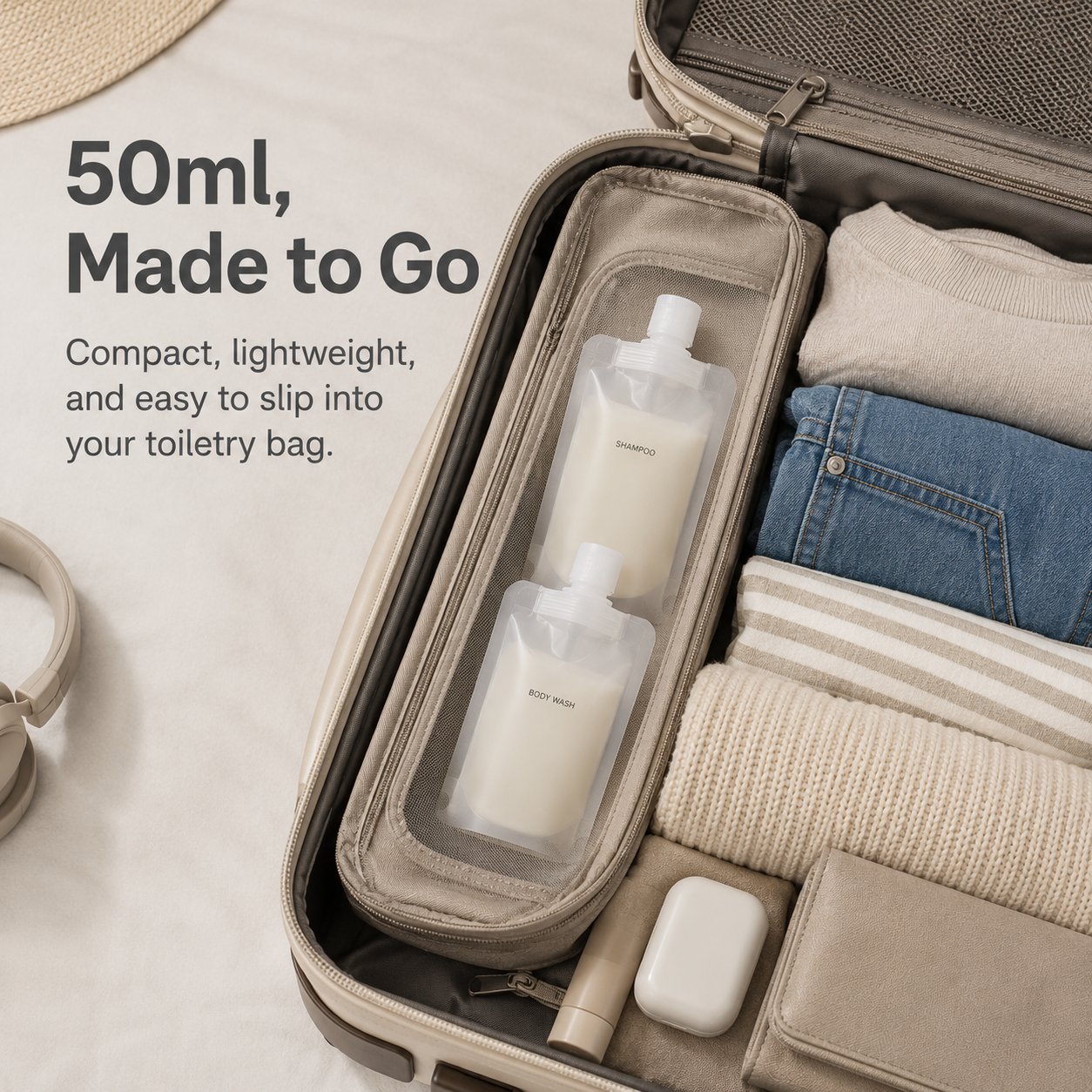 Reusable 50ml Travel Liquid Pouch with Clear Labels