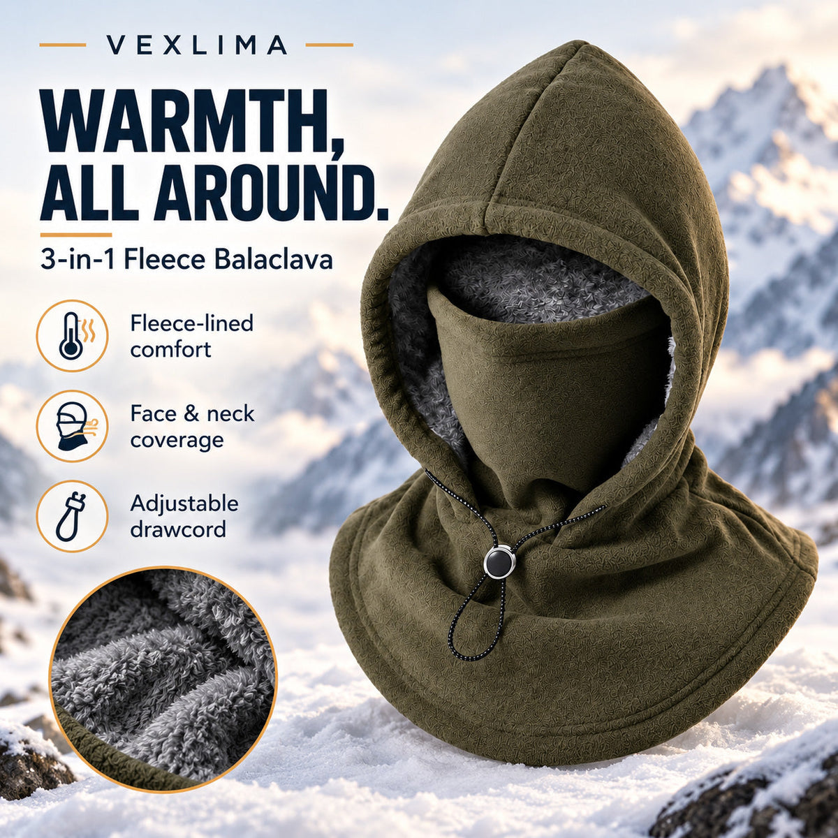 3-in-1 Fleece Balaclava Hood – Windproof Full Face Cover, Neck Gaiter & Winter Ski Mask