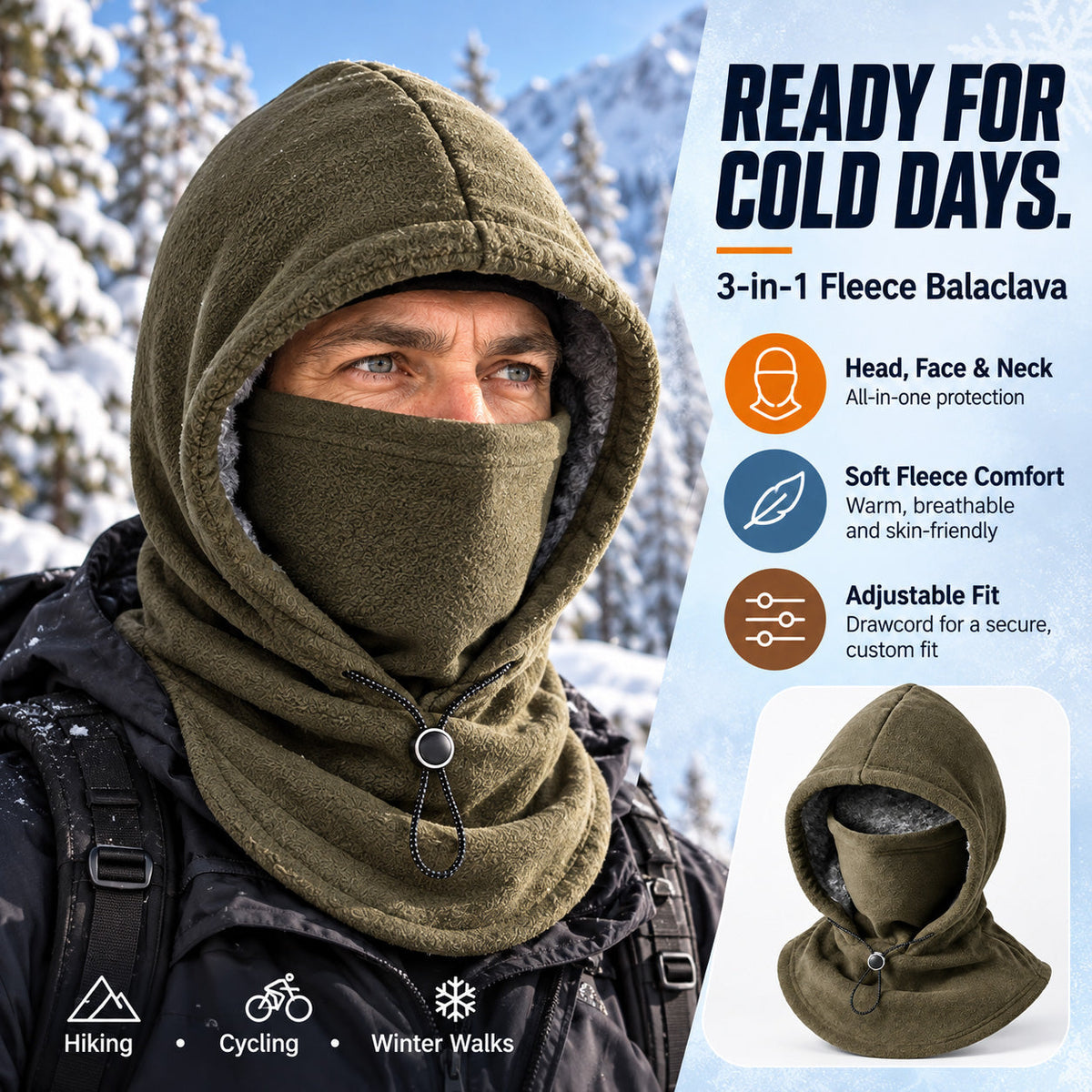 3-in-1 Fleece Balaclava Hood – Windproof Full Face Cover, Neck Gaiter & Winter Ski Mask