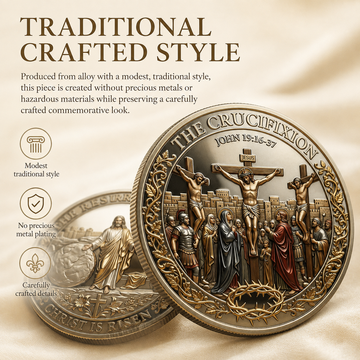 ✝️ Cross & Resurrection Memorial Coin – Alloy Relief Keepsake for Faith and Remembrance