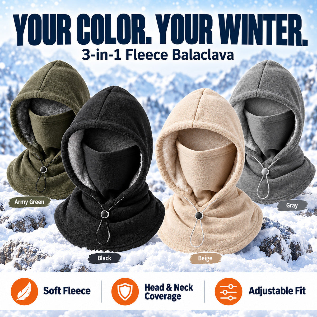 3-in-1 Fleece Balaclava Hood – Windproof Full Face Cover, Neck Gaiter & Winter Ski Mask
