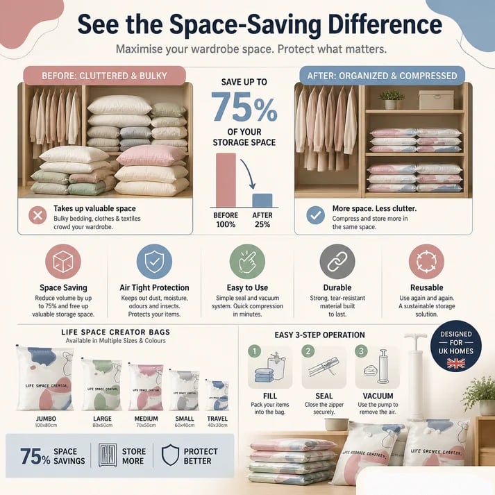 💐 BUY 2 GET 1 FREE!🧳No‐Pump Vacuum Storage Compression Bags – Press & Seal, No Pump Needed. Saves 80% Space, Keeps Clothes Dry & Dust‐Free✨