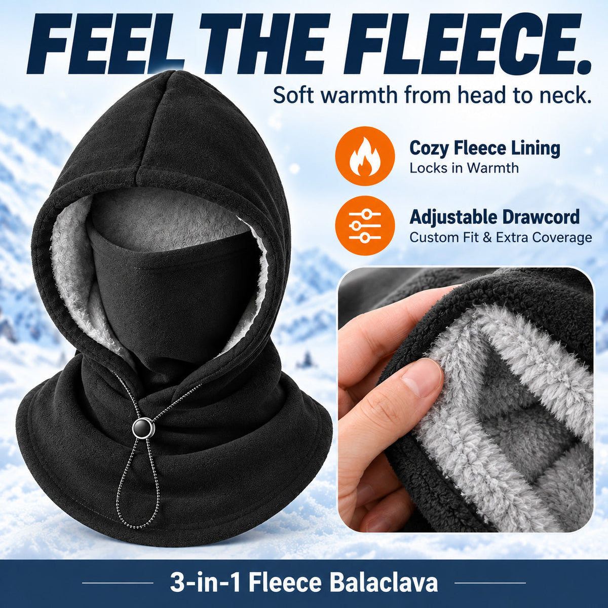 3-in-1 Fleece Balaclava Hood – Windproof Full Face Cover, Neck Gaiter & Winter Ski Mask