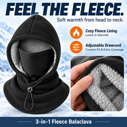 3-in-1 Fleece Balaclava Hood – Windproof Full Face Cover, Neck Gaiter & Winter Ski Mask