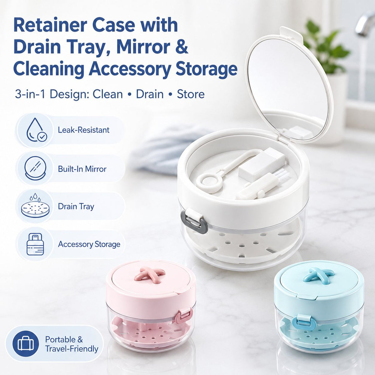 🦷✨3-in-1 Retainer Cleaning & Storage Case – Portable Leak-Resistant Soak Box with Drain Tray, Mirror & Cleaning Brush