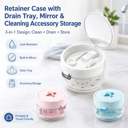 🦷✨3-in-1 Retainer Cleaning & Storage Case – Portable Leak-Resistant Soak Box with Drain Tray, Mirror & Cleaning Brush