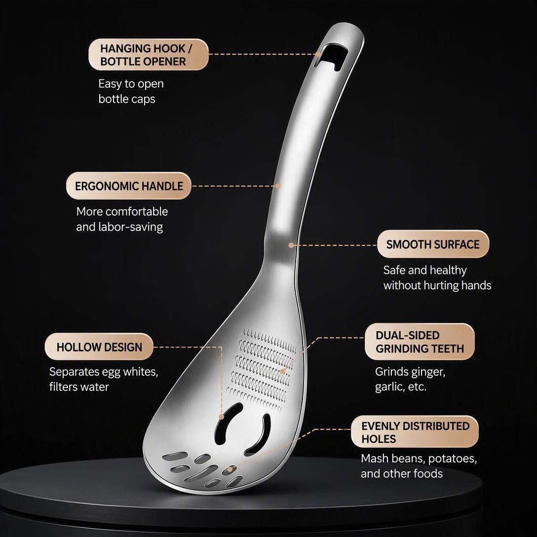 304 Stainless Steel Multifunctional Kitchen Spoon - Egg White Separator Ginger Garlic Grater Mud Masher
