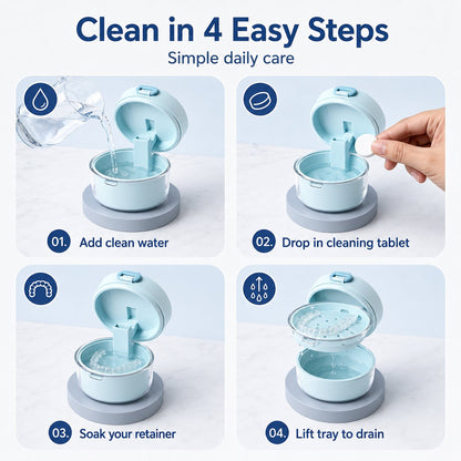 🦷✨3-in-1 Retainer Cleaning & Storage Case – Portable Leak-Resistant Soak Box with Drain Tray, Mirror & Cleaning Brush