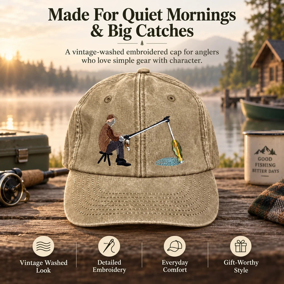 🔥 Last Day 50% OFF-🎣🧢 Catch of the Day Interactive Fishing Cap – Vintage Washed Moving Fish Hat