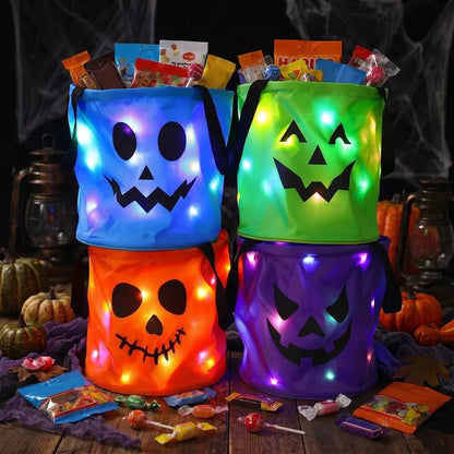 🎃 Halloween LED Candy Bucket Bags – 4 Pack Pumpkin Trick or Treat Bags with Glow Lights for Kids, Parties & Halloween Decorations