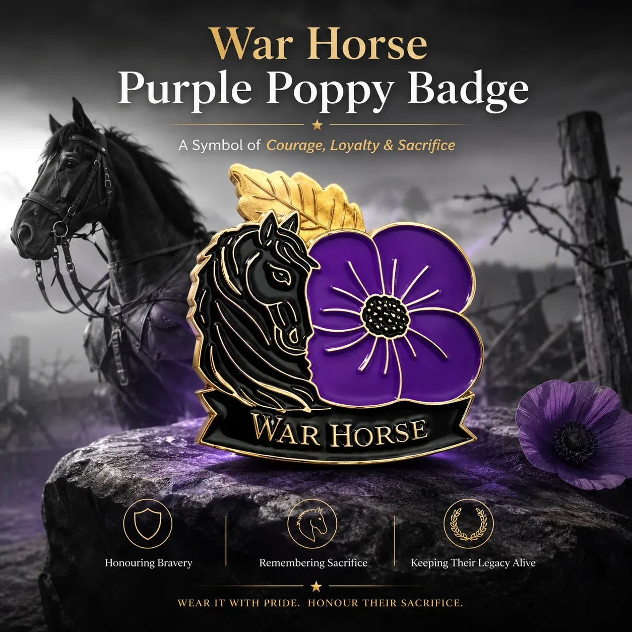 🐴 111th Anniversary War Horse Purple Poppy Remembrance Brooch