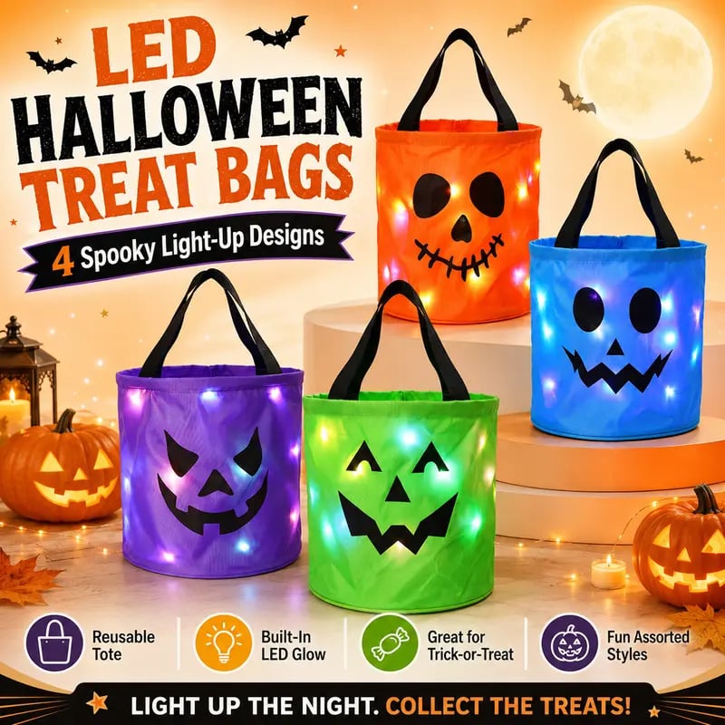 🎃 Halloween LED Candy Bucket Bags – 4 Pack Pumpkin Trick or Treat Bags with Glow Lights for Kids, Parties & Halloween Decorations