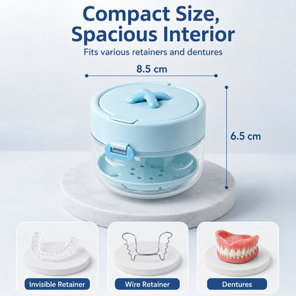 🦷✨3-in-1 Retainer Cleaning & Storage Case – Portable Leak-Resistant Soak Box with Drain Tray, Mirror & Cleaning Brush