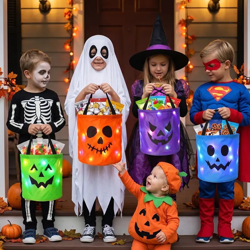 🎃 Halloween LED Candy Bucket Bags – 4 Pack Pumpkin Trick or Treat Bags with Glow Lights for Kids, Parties & Halloween Decorations