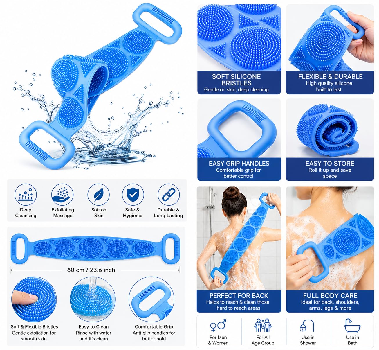 Silicone Bath Brush, Double-Sided Exfoliating Back Scrubber with Mesh Sponge