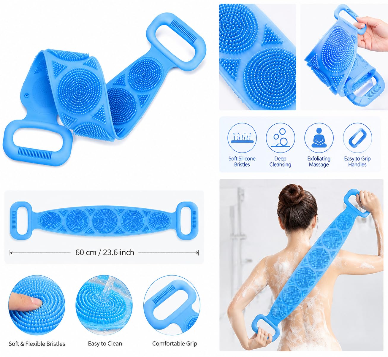 Silicone Bath Brush, Double-Sided Exfoliating Back Scrubber with Mesh Sponge