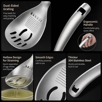 304 Stainless Steel Multifunctional Kitchen Spoon - Egg White Separator Ginger Garlic Grater Mud Masher