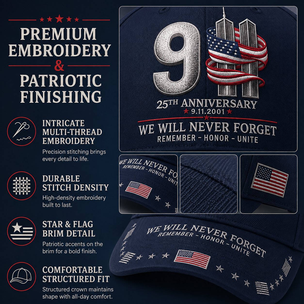 🔥LAST DAY 50% OFF - 9/11 25th Anniversary We Will Never Forget Embroidered Memorial Baseball Cap