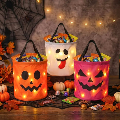 🎃 Halloween LED Candy Bucket Bags – 4 Pack Pumpkin Trick or Treat Bags with Glow Lights for Kids, Parties & Halloween Decorations