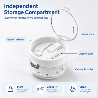 🦷✨3-in-1 Retainer Cleaning & Storage Case – Portable Leak-Resistant Soak Box with Drain Tray, Mirror & Cleaning Brush