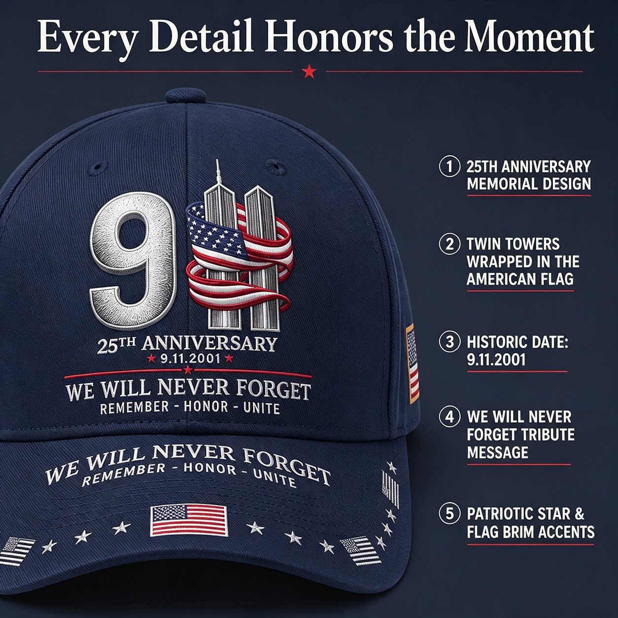 🔥LAST DAY 50% OFF - 9/11 25th Anniversary We Will Never Forget Embroidered Memorial Baseball Cap