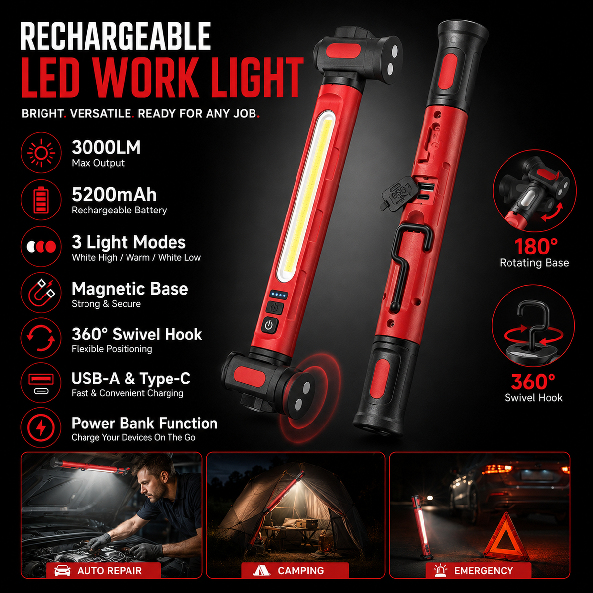 Rechargeable COB Work Light – 3000LM USB-C Magnetic LED Inspection Light with 360° Rotation & Power Bank Function 🔦