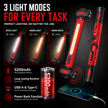 Rechargeable COB Work Light – 3000LM USB-C Magnetic LED Inspection Light with 360° Rotation & Power Bank Function 🔦
