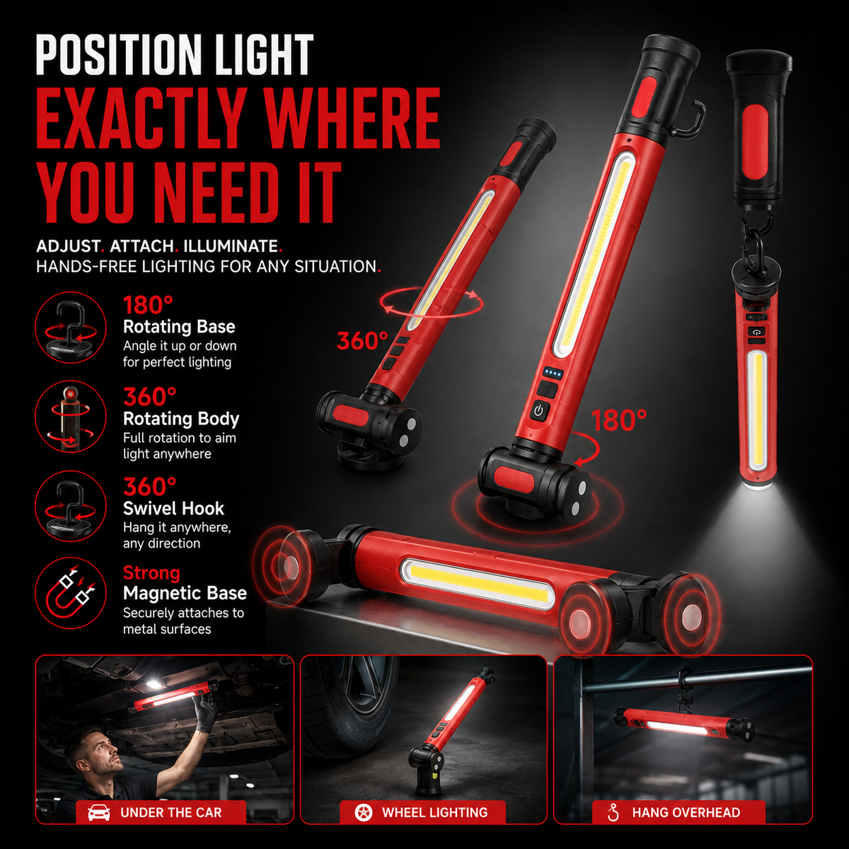 Rechargeable COB Work Light – 3000LM USB-C Magnetic LED Inspection Light with 360° Rotation & Power Bank Function 🔦