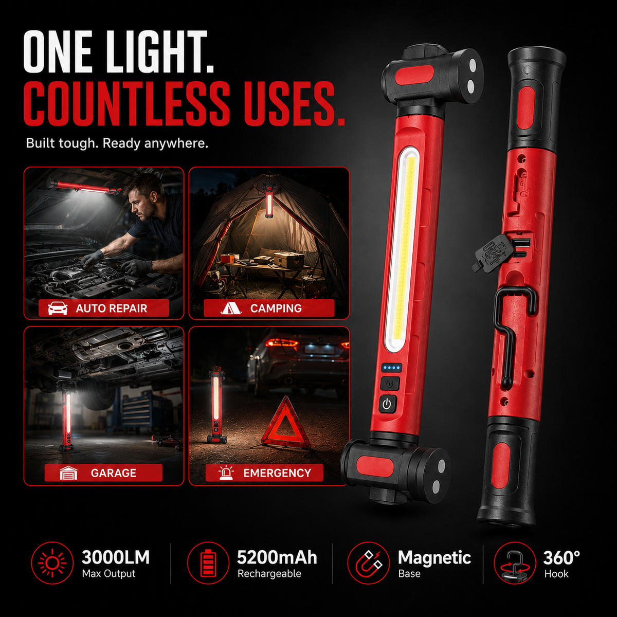 Rechargeable COB Work Light – 3000LM USB-C Magnetic LED Inspection Light with 360° Rotation & Power Bank Function 🔦
