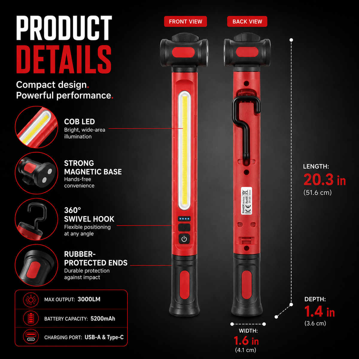 Rechargeable COB Work Light – 3000LM USB-C Magnetic LED Inspection Light with 360° Rotation & Power Bank Function 🔦