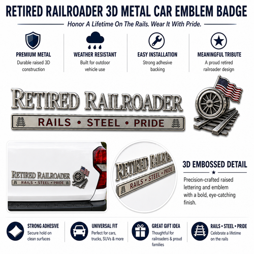 🚂 Retired Railroader Rails Steel Pride Metal Car Emblem Badge