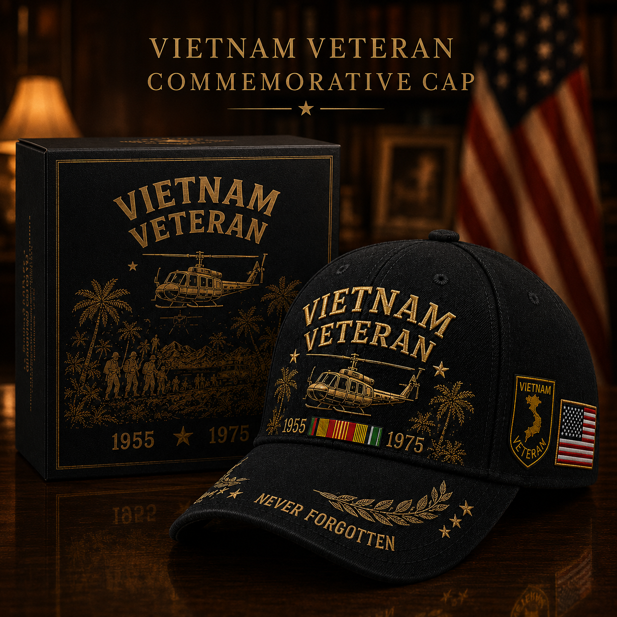 🇺🇸🎖️ Vietnam Veteran 1955–1975 Memorial Embroidered Cap
