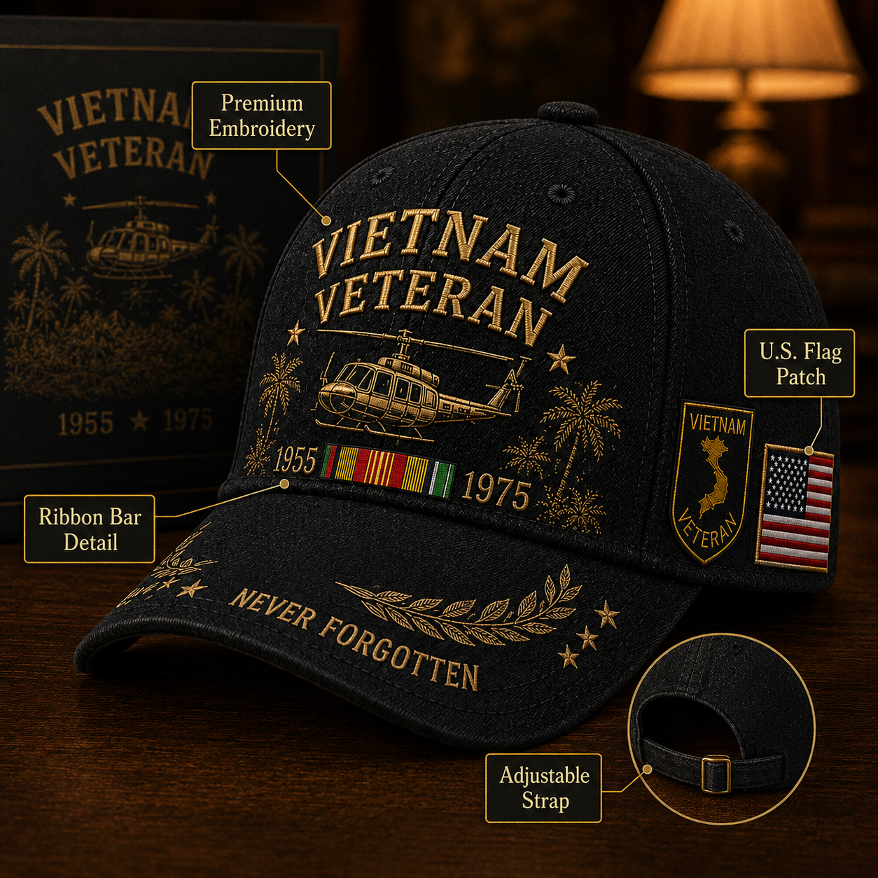 🇺🇸🎖️ Vietnam Veteran 1955–1975 Memorial Embroidered Cap