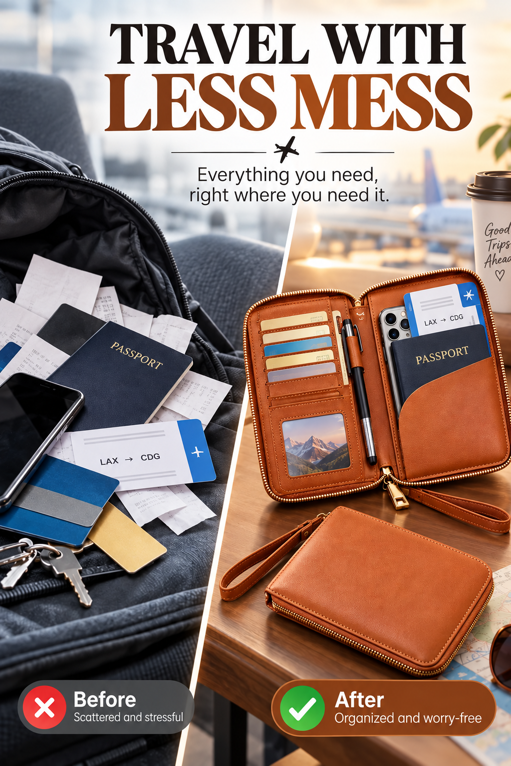 Travel wallet before and after organization