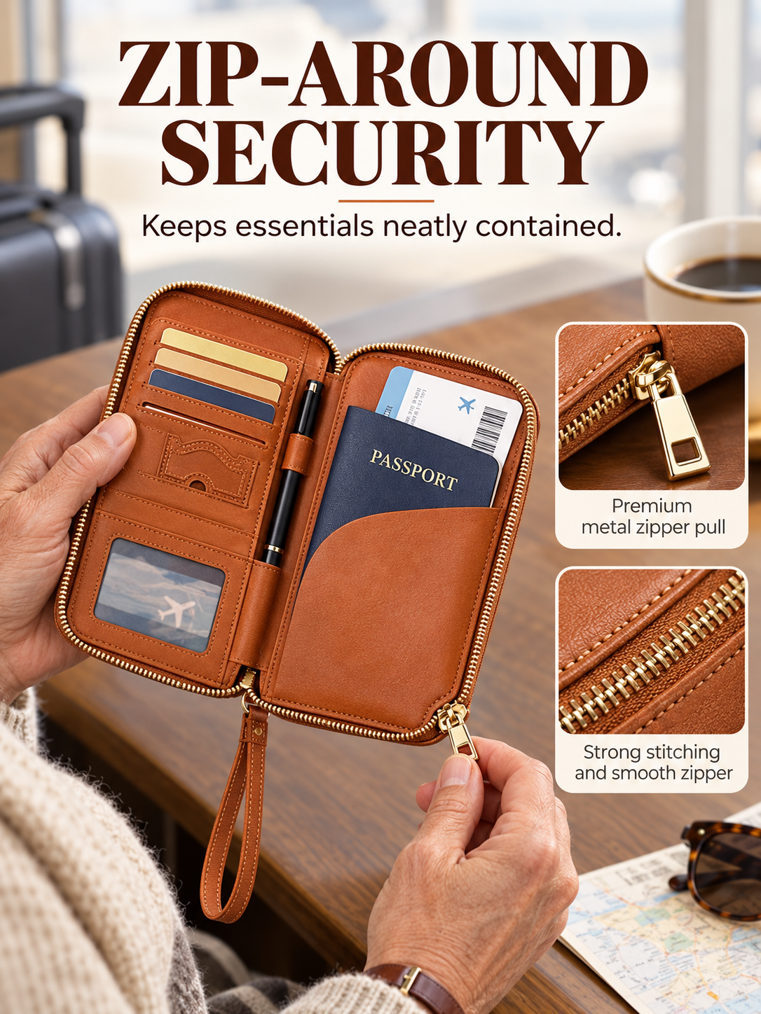 Zip around passport organizer with RFID shielding