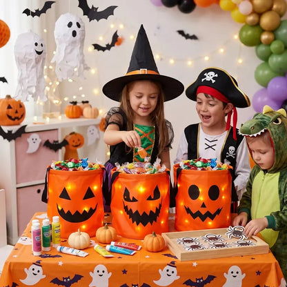 🎃 Halloween LED Candy Bucket Bags – 4 Pack Pumpkin Trick or Treat Bags with Glow Lights for Kids, Parties & Halloween Decorations