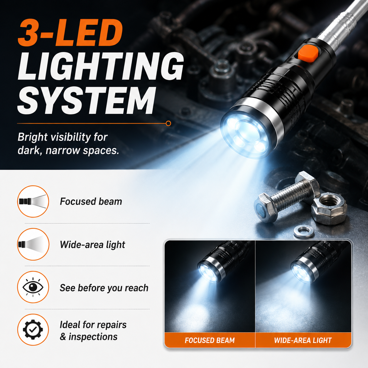🔦Telescoping Magnetic Pickup Tools - Telescoping Magnet with LED Flashlight