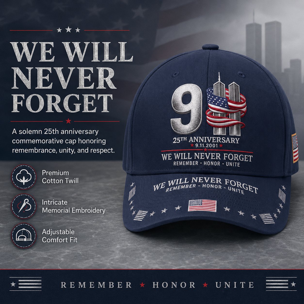 🔥LAST DAY 50% OFF - 9/11 25th Anniversary We Will Never Forget Embroidered Memorial Baseball Cap
