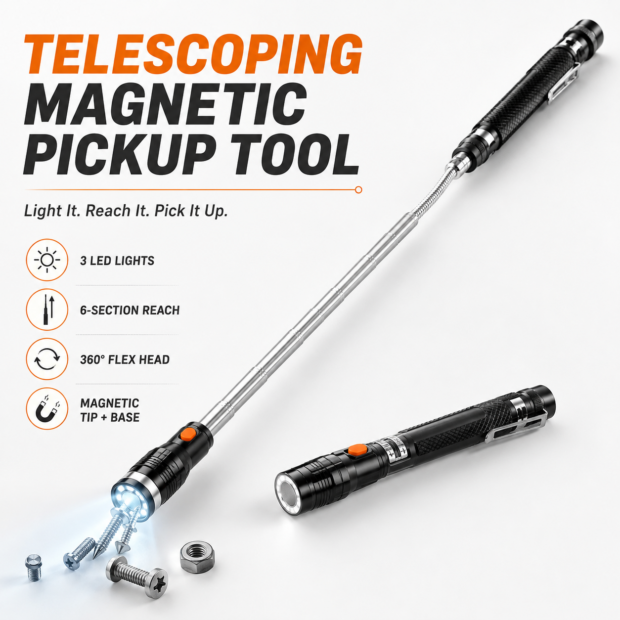 🔦Telescoping Magnetic Pickup Tools - Telescoping Magnet with LED Flashlight