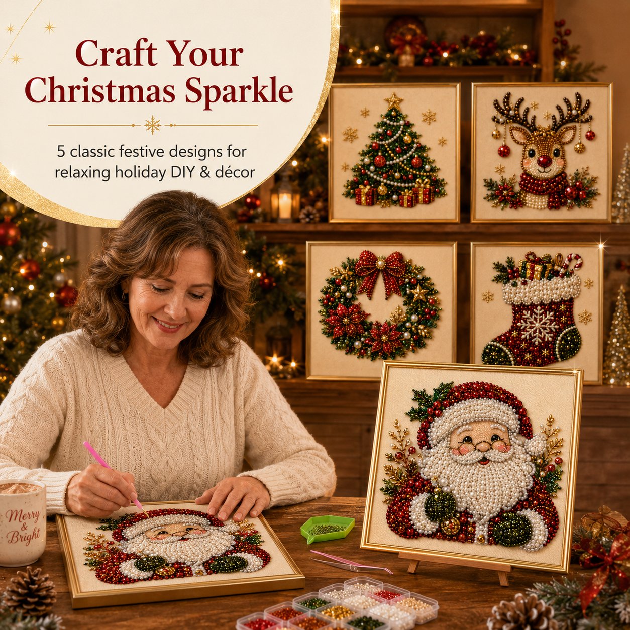 🧘Relaxing & Beginner-Friendly-💎DIY Christmas 3D Pearl Diamond Painting Art Kit With Frame(❤️Same as the Vedio)