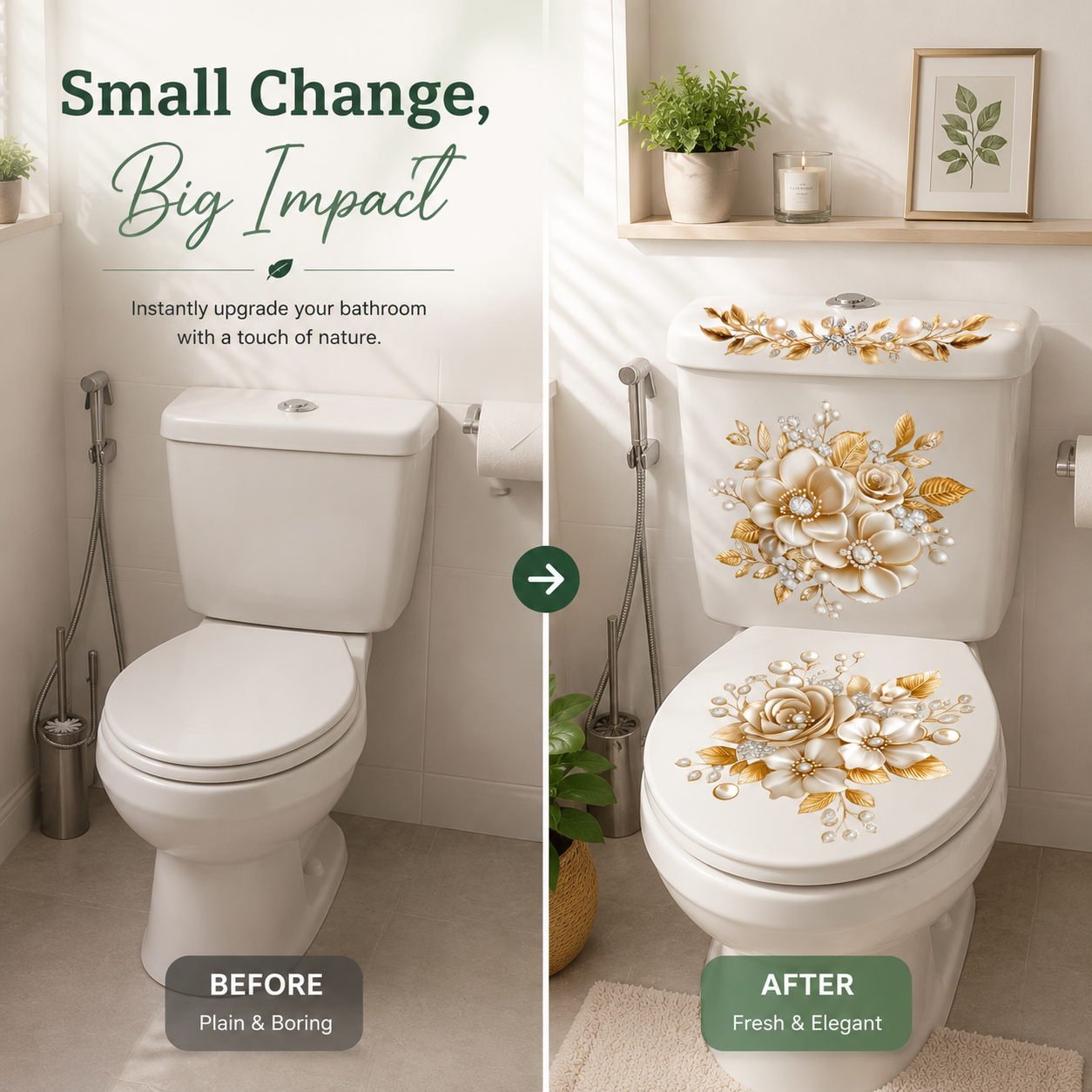 🌿 Botanical Toilet Seat Sticker - Removable Green Leaf Bathroom Decor