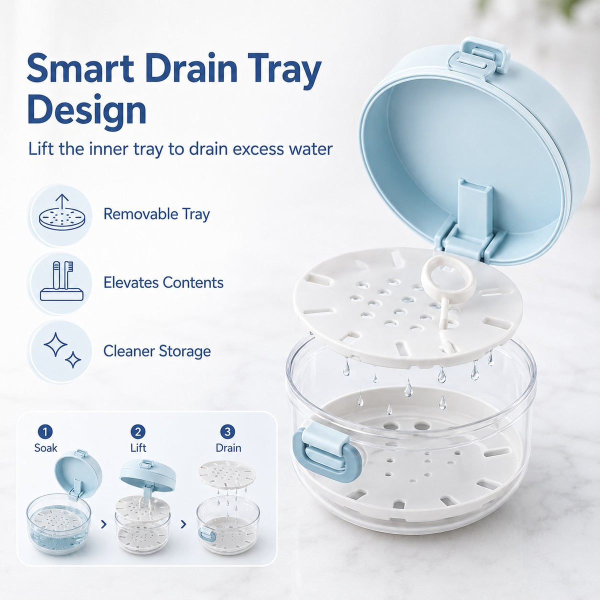 🦷✨3-in-1 Retainer Cleaning & Storage Case – Portable Leak-Resistant Soak Box with Drain Tray, Mirror & Cleaning Brush