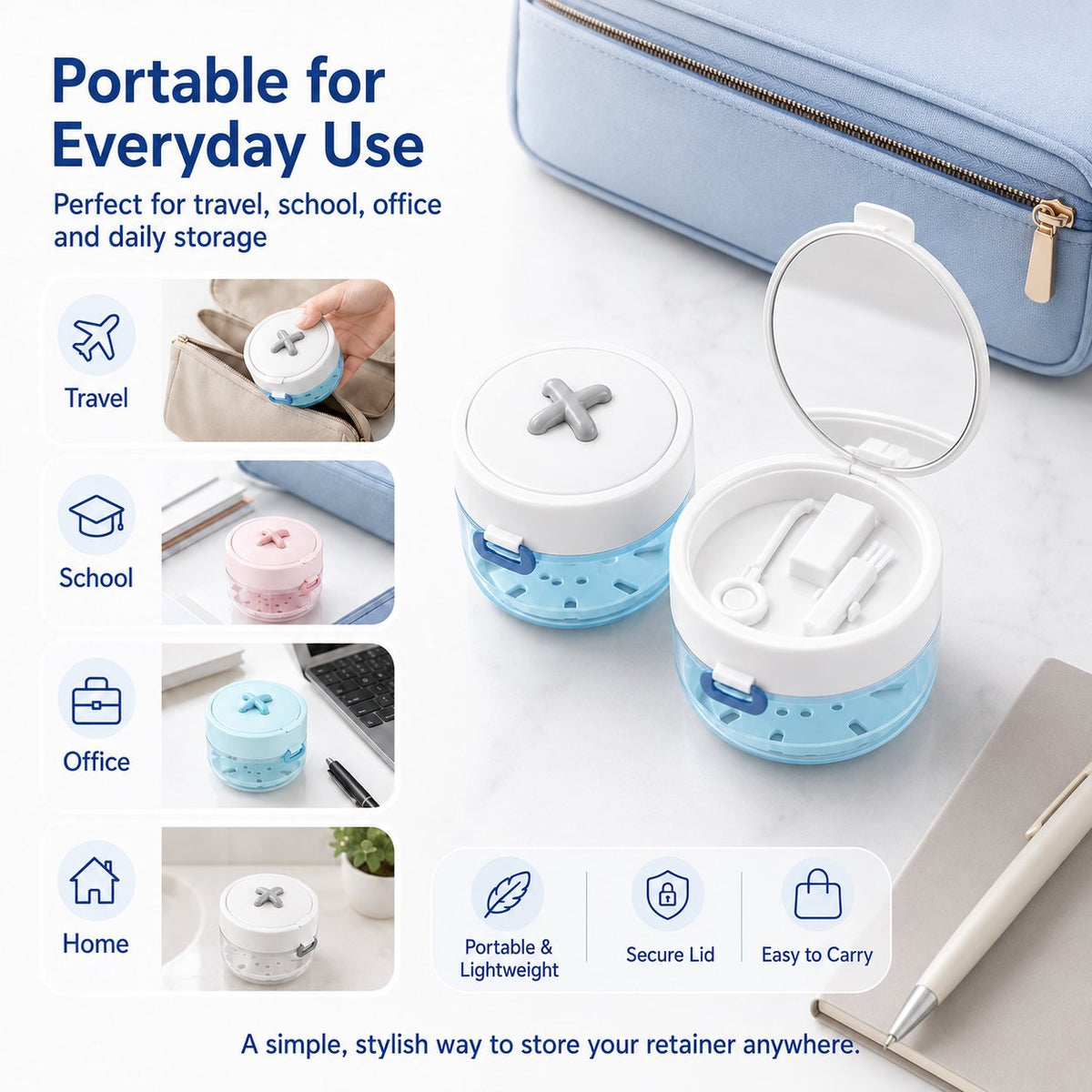 🦷✨3-in-1 Retainer Cleaning & Storage Case – Portable Leak-Resistant Soak Box with Drain Tray, Mirror & Cleaning Brush