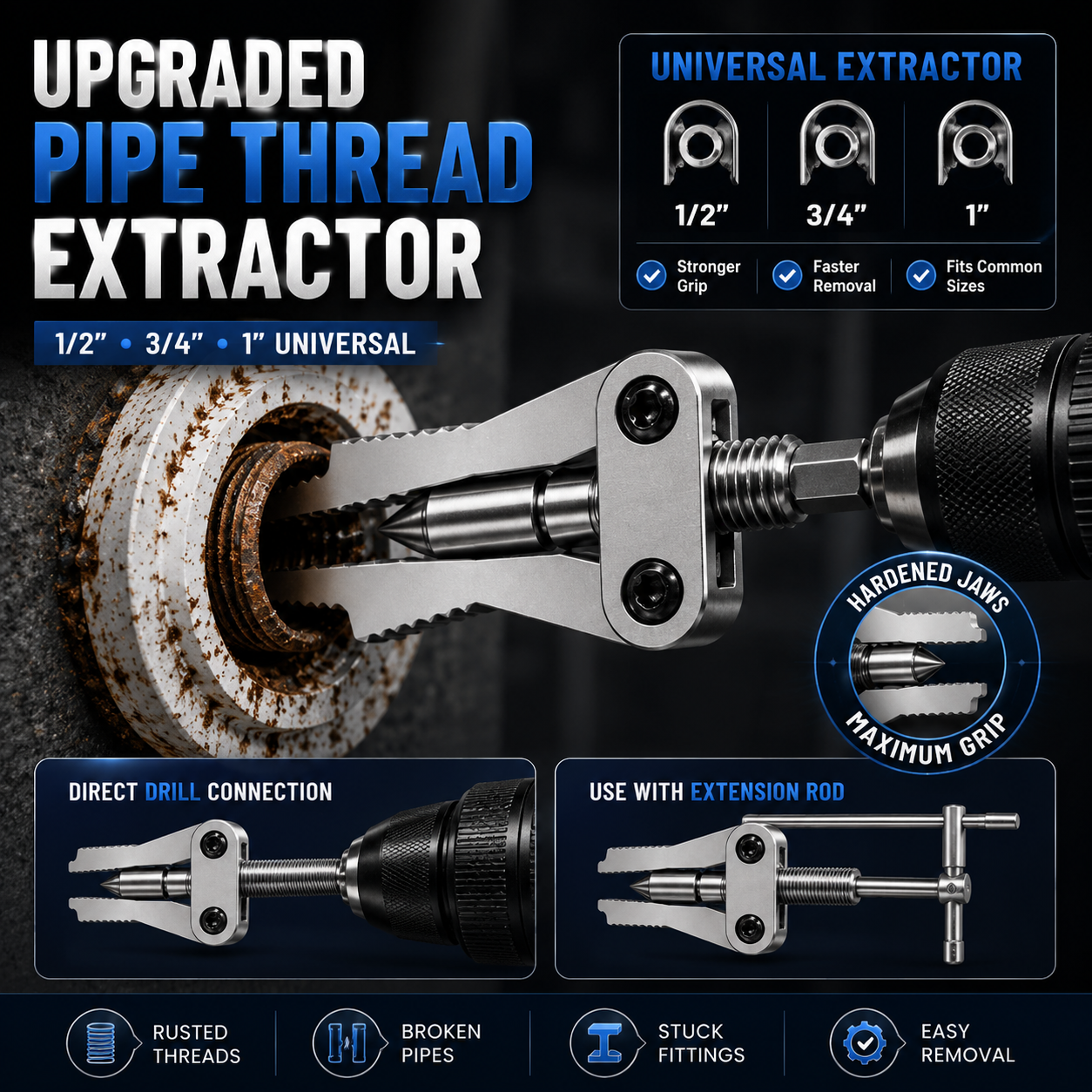 🛠️Broken Pipe Thread Extractor, Universal 1/2" 3/4" 1" Pipe Nipple Remover
