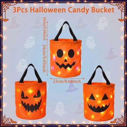🎃 Halloween LED Candy Bucket Bags – 4 Pack Pumpkin Trick or Treat Bags with Glow Lights for Kids, Parties & Halloween Decorations